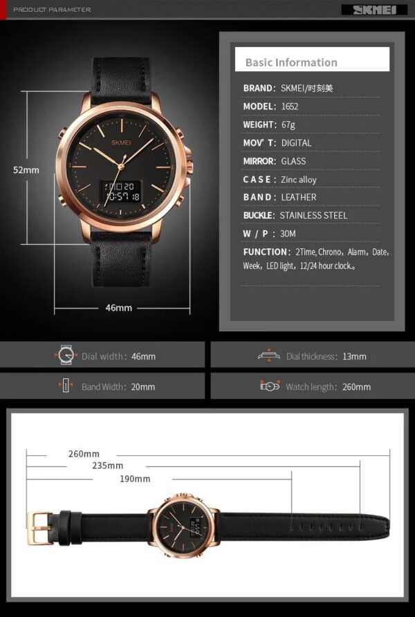Skmei 1652- Leather Multifunctional Waterproof